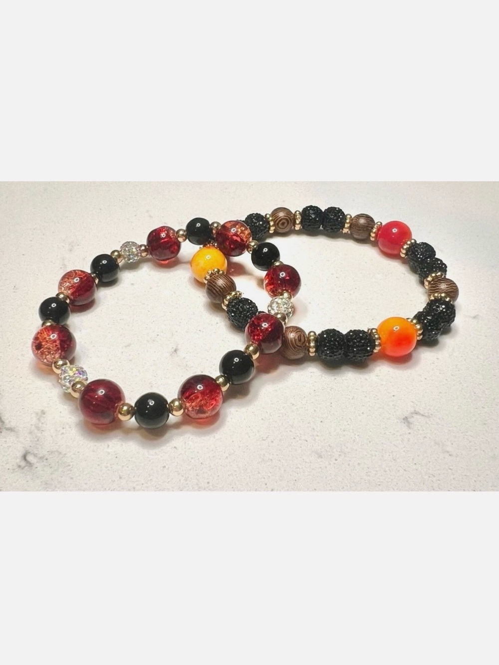 *Autumn Ember* Fall Halloween Orange Black Wood 2 Stretch Bracelets 6.5cm